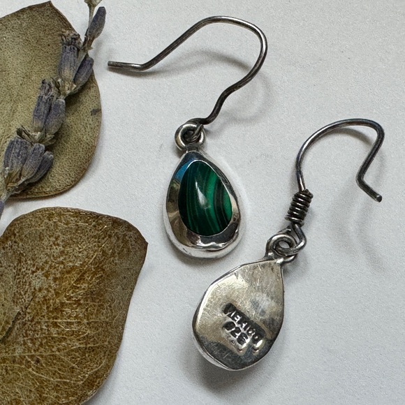 Sterling Silver Malachite Dangle Drop Earrings - Picture 6 of 9